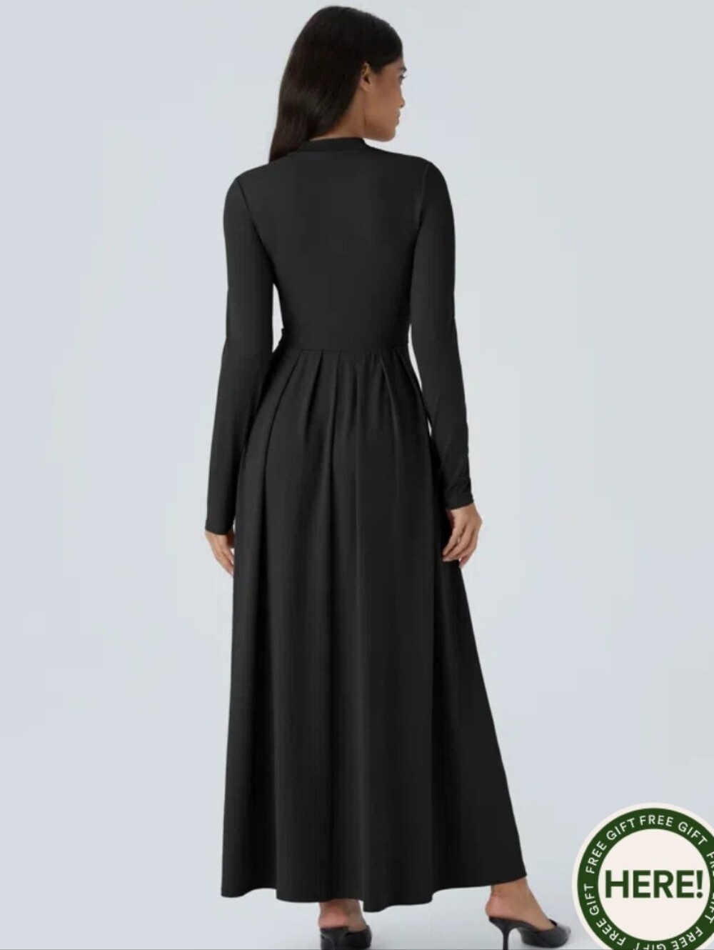 Mock-Neck Long Sleeve Pocket Flare Maxi Dress - Black - Picture 2 of 8